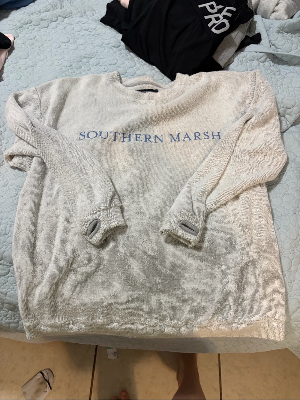 Southern Marsh women’s Cream Crewneck Terry Sweatshirt with Blue Logo